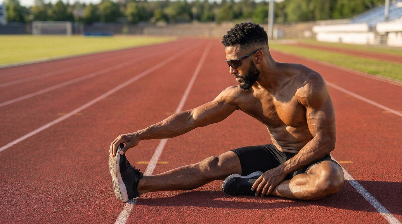 Athlete in sunglasses seated on a running track doing an L stretch